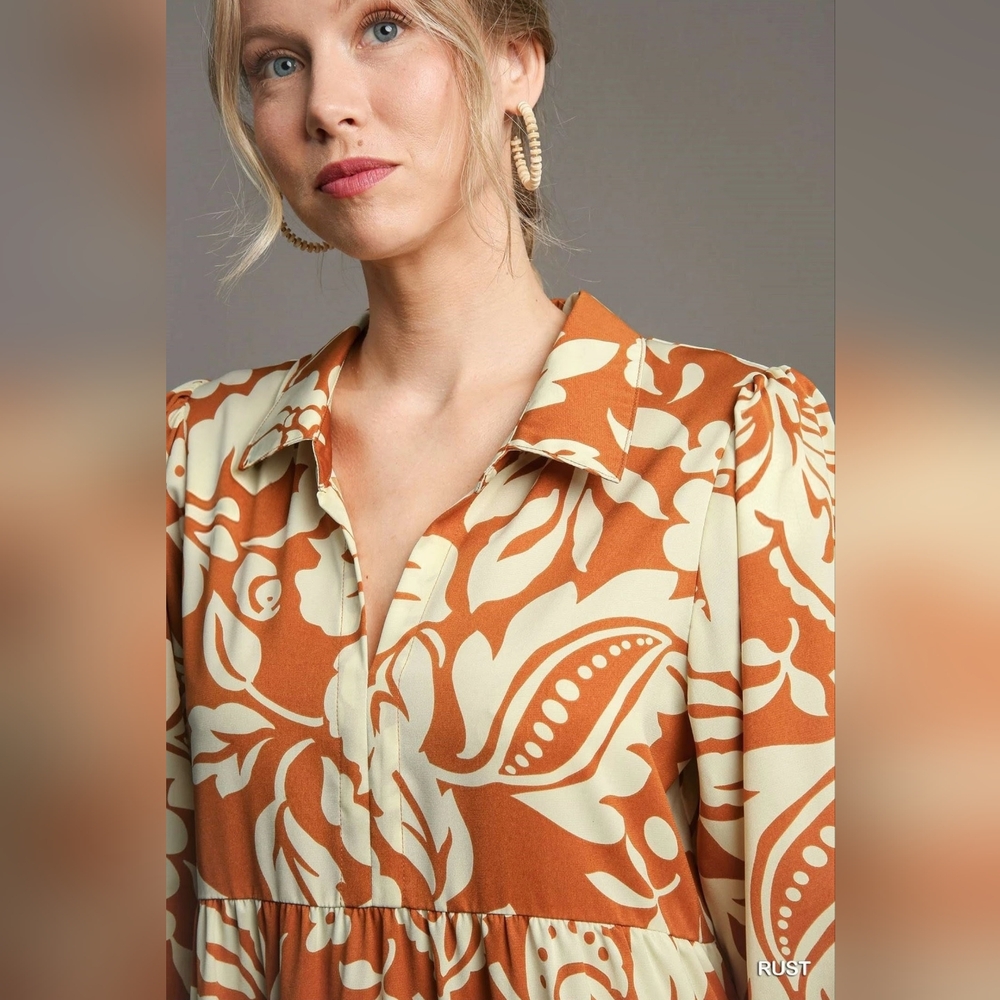 Umgee Rust and Cream Floral Midi Dress Sz S, M, L - Picture 2 of 3